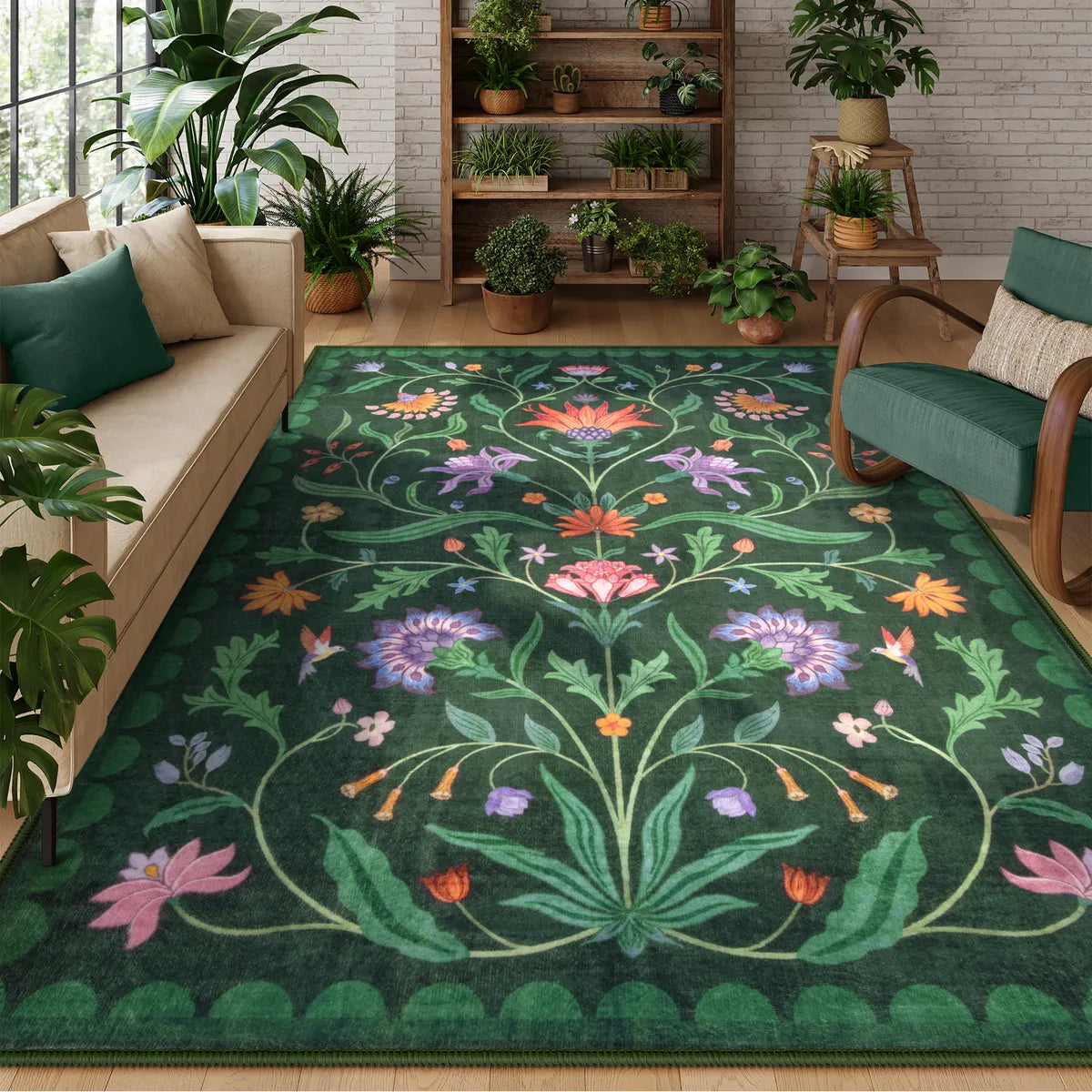 Ivy Washable Boho Vintage Floral Green Rug Area Rugs Lahome