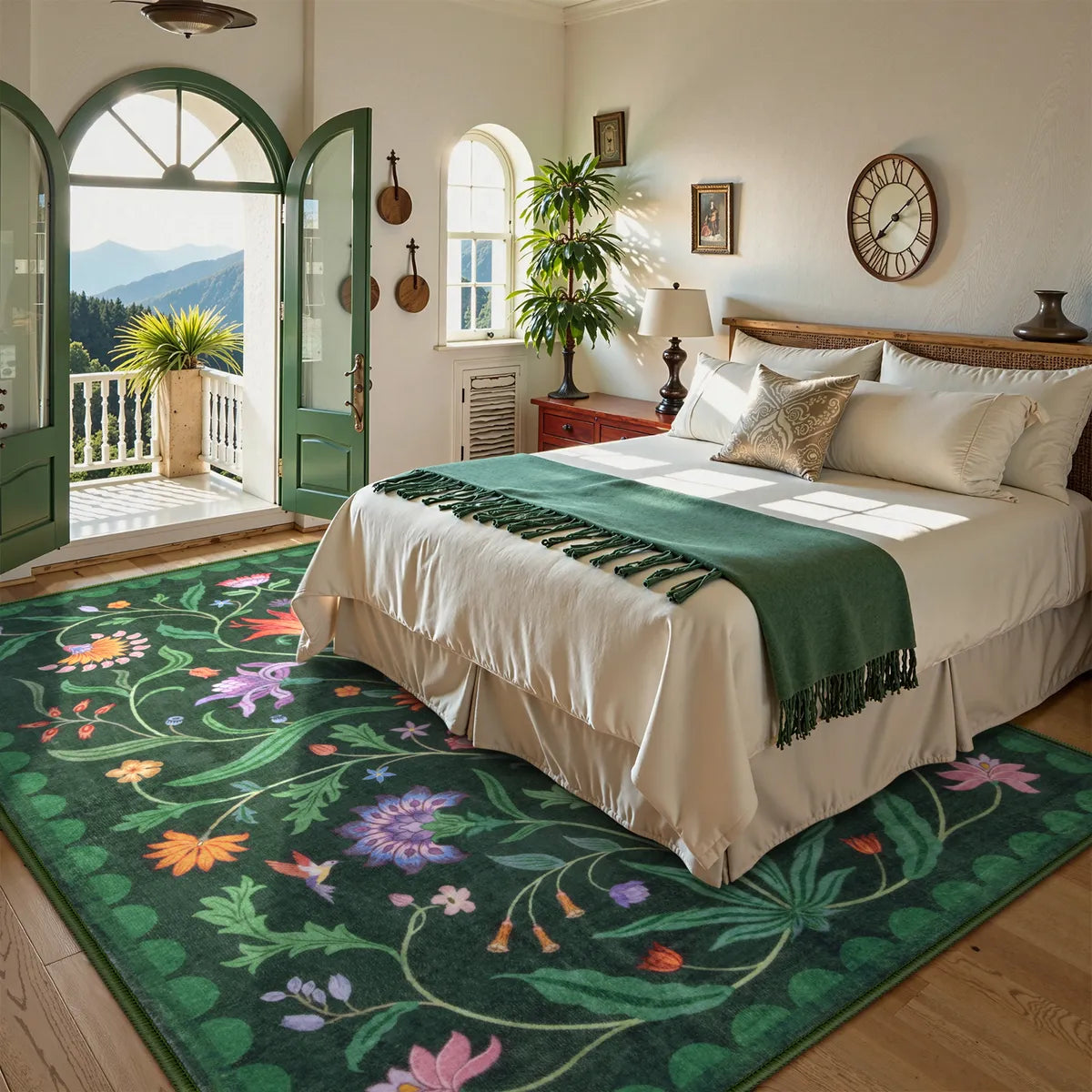 Ivy Washable Boho Vintage Floral Green Rug Area Rugs Lahome