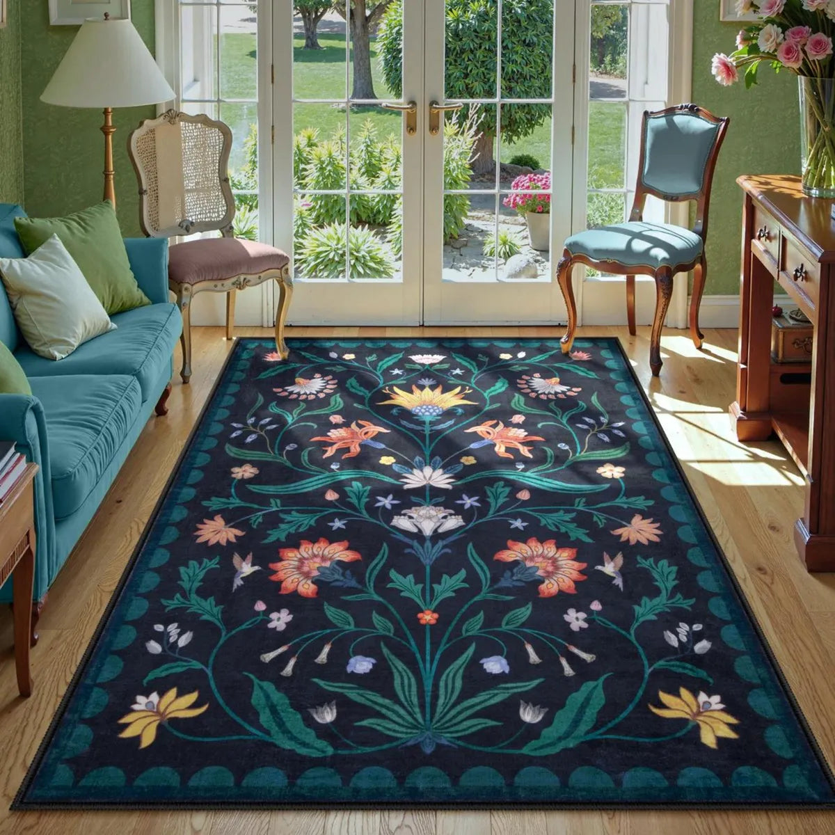 Ivy Washable Boho Vintage Floral Navy Blue Rug Area Rugs Lahome 5' x 7'