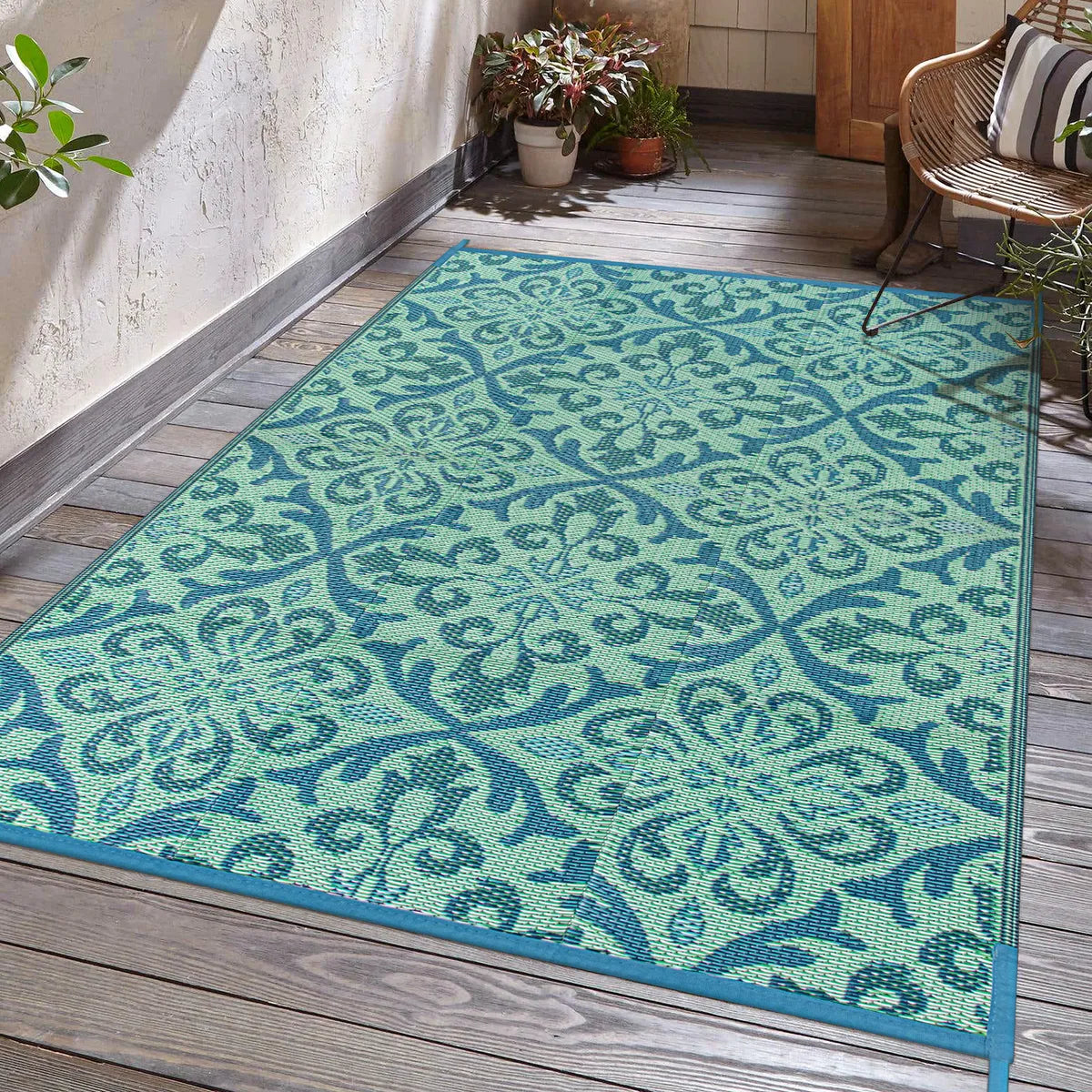 Opale Vintage Floral Reversible Teal Outdoor Rug Outdoor Rugs Lahome 6' x 9'
