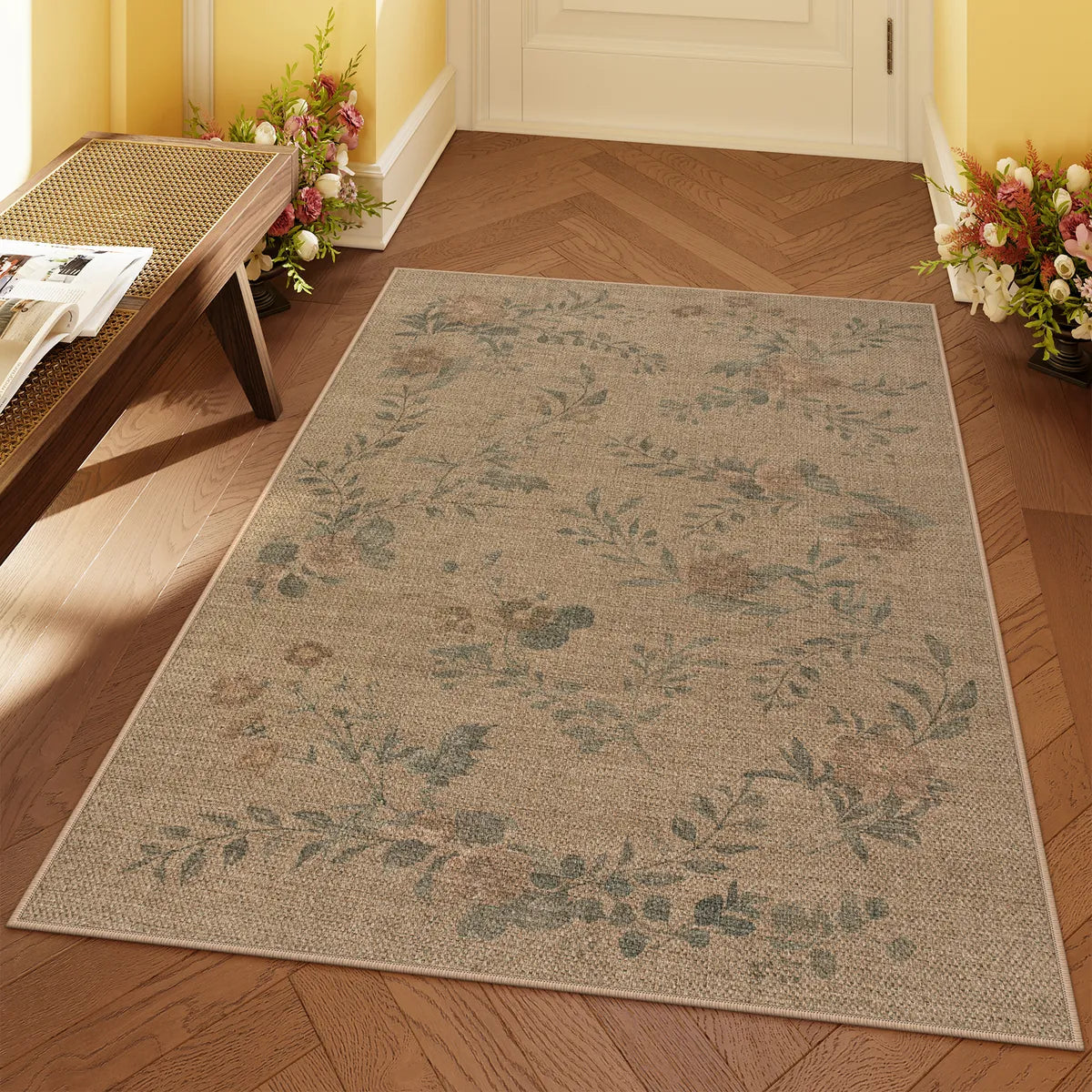 Fleur Washable Farmhouse Floral Vine Easy Jute Neutral Indoor/Outdoor Runner Rug Easy Jute Rug Lahome