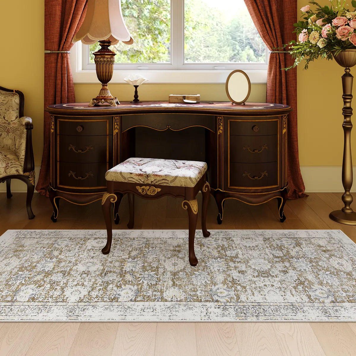 Antinea Washable Vintage Floral Beige Runner Rug Area Rugs Lahome