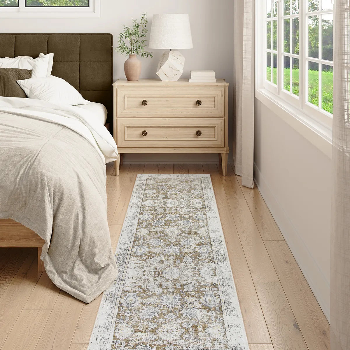 Antinea Washable Vintage Floral Beige Runner Rug Area Rugs Lahome 2' x 6'
