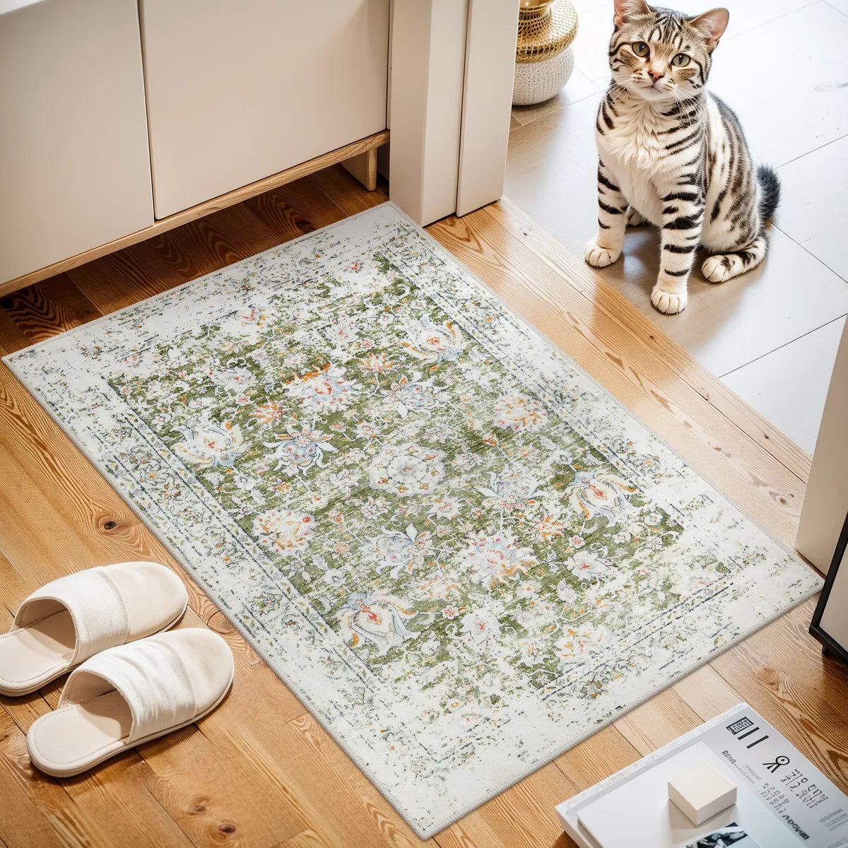 Antinea Washable Vintage Floral Green Runner Rug Area Rugs Lahome