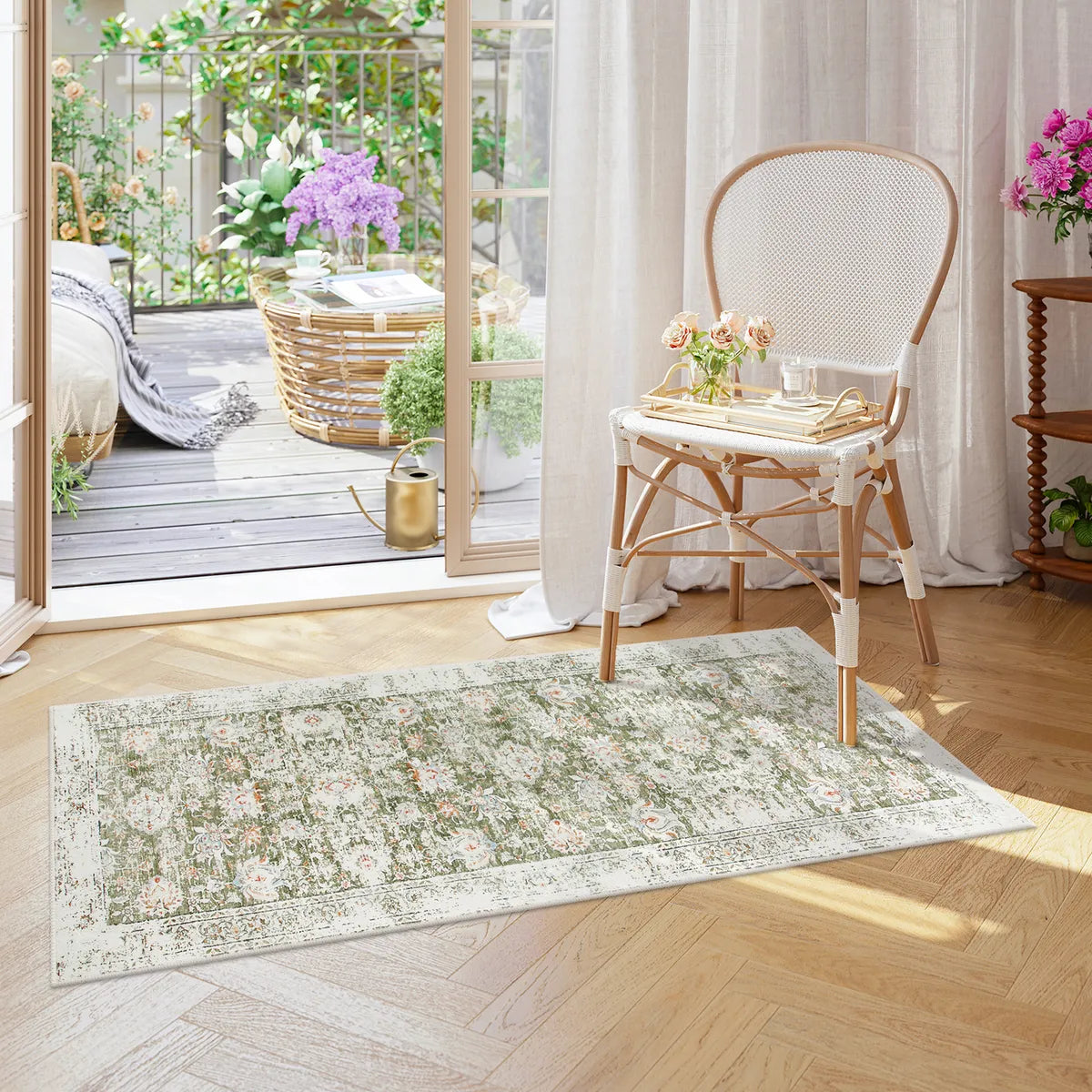 Antinea Washable Vintage Floral Green Runner Rug Area Rugs Lahome