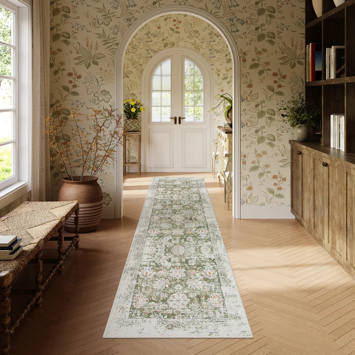 Antinea Washable Vintage Floral Green Runner Rug Area Rugs Lahome 2'5" x 8'