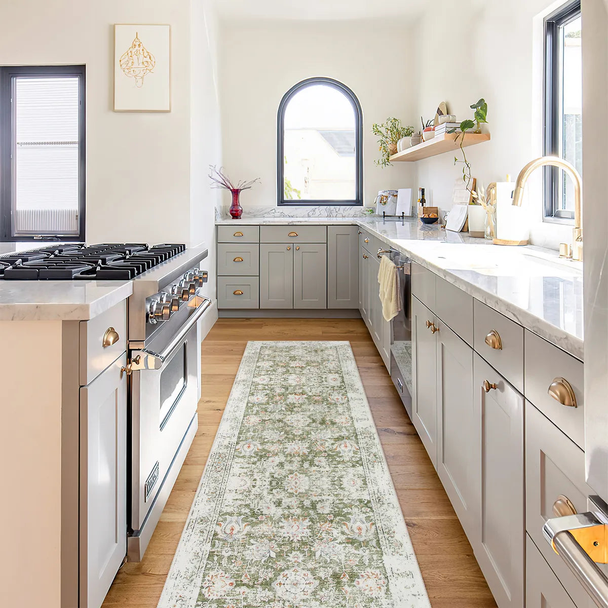 Antinea Washable Vintage Floral Green Runner Rug Area Rugs Lahome