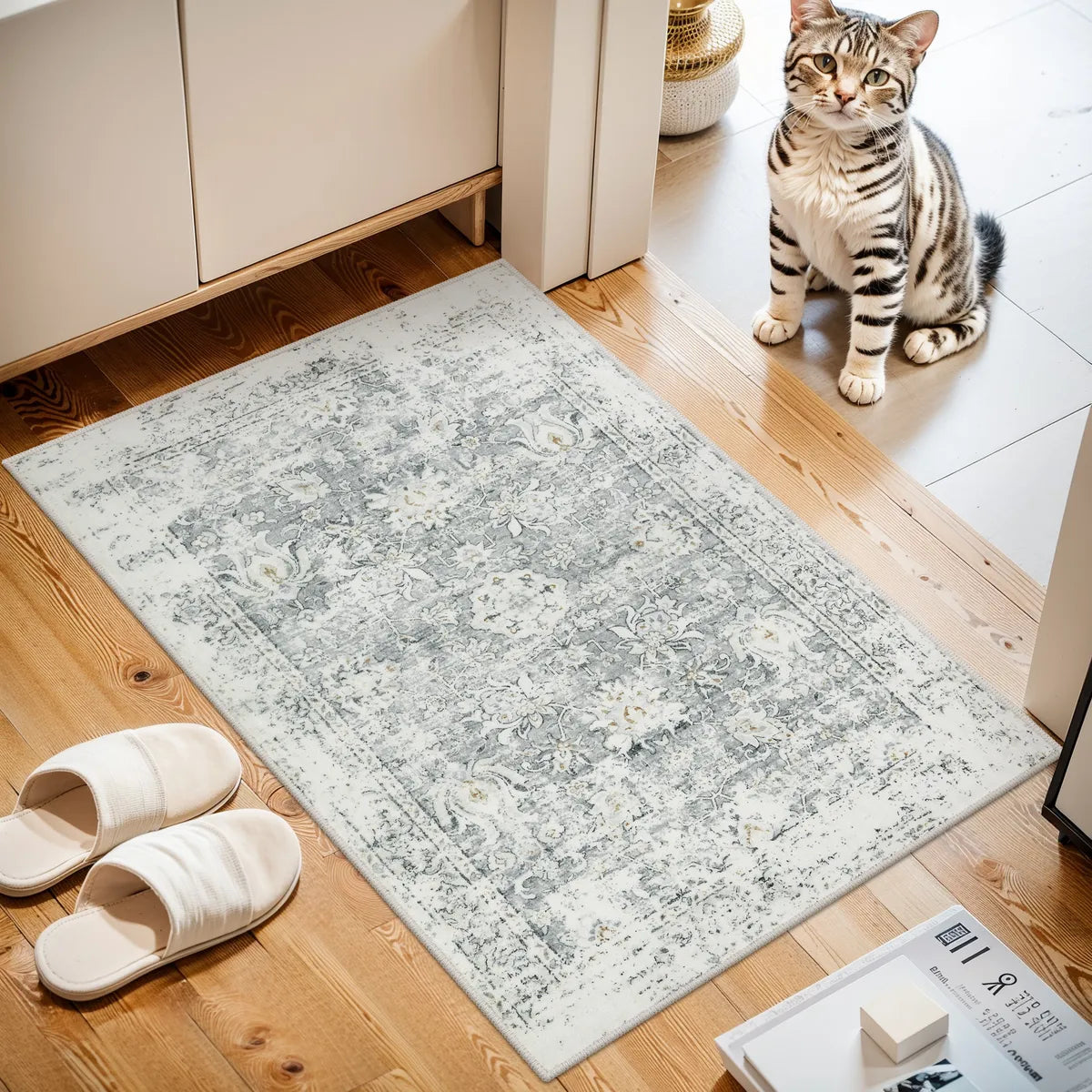 Antinea Washable Vintage Floral Grey 2x5 Runner Rug Area Rugs Lahome