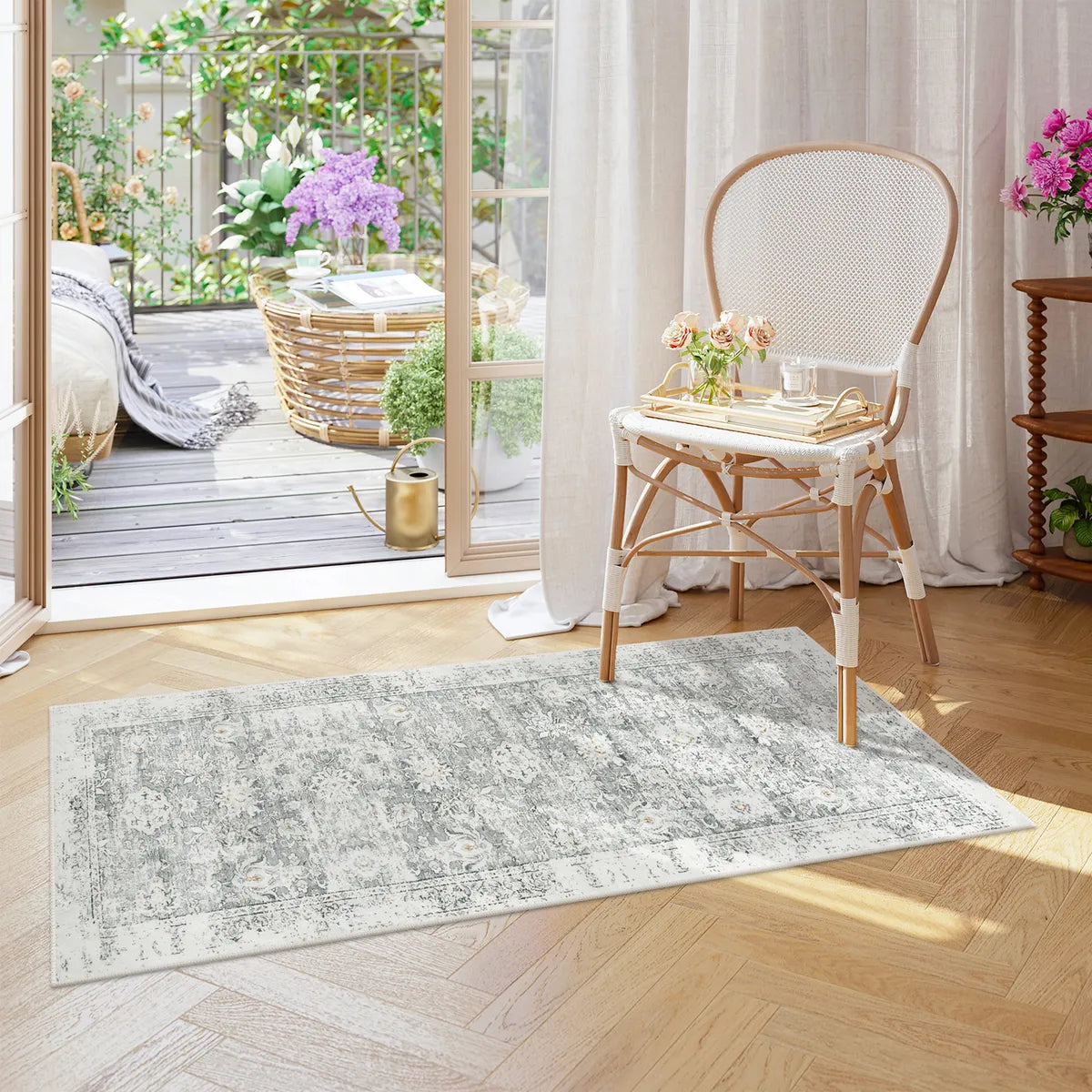 Antinea Washable Vintage Floral Grey 2x5 Runner Rug Area Rugs Lahome
