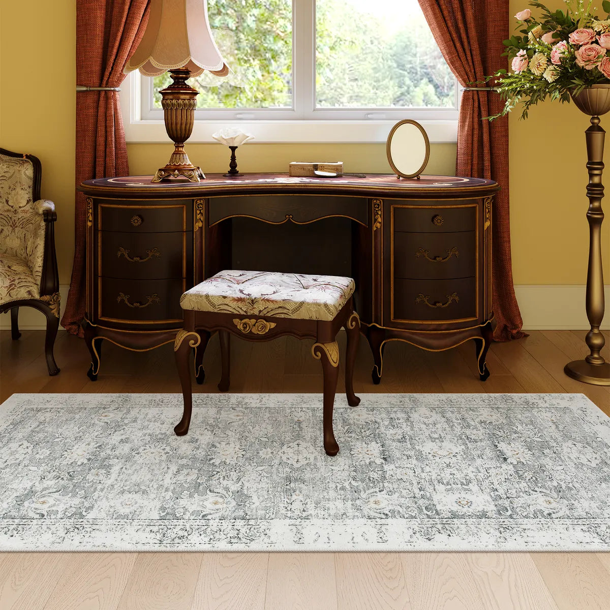 Antinea Washable Vintage Floral Grey 2x5 Runner Rug Area Rugs Lahome 2' x 5'