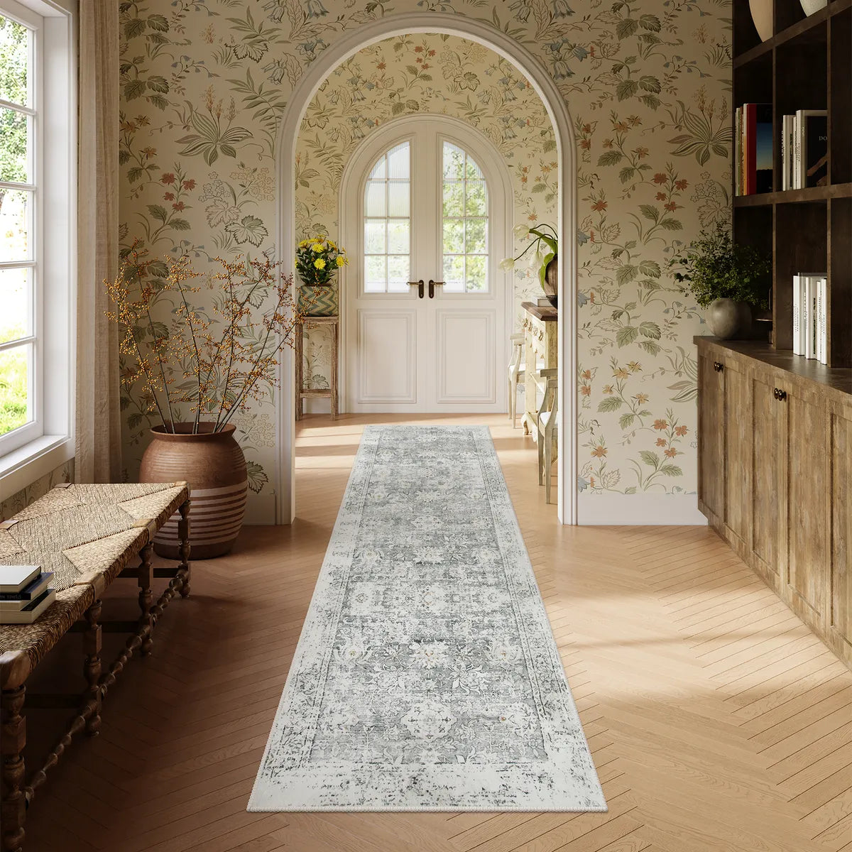 Antinea Washable Vintage Floral Grey 2x5 Runner Rug Area Rugs Lahome