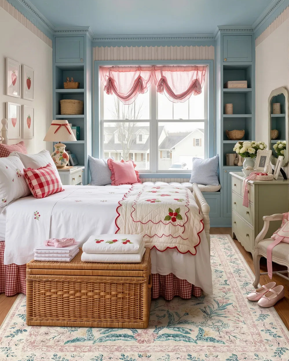 Children's bedroom with blue walls, pink accents, and a large window.