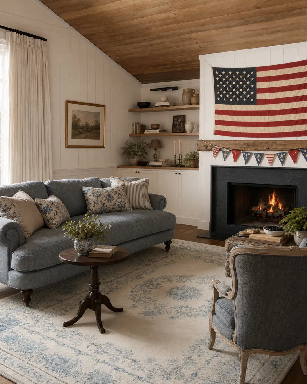 Cozy living room with gray sofa, American flag, and fireplace.