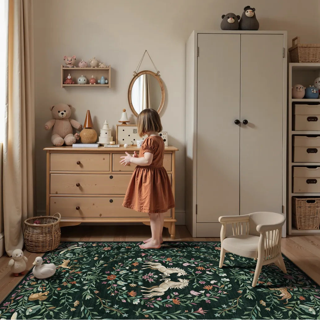 Child in a room with a dresser, wardrobe, and toys on a floral rug.
