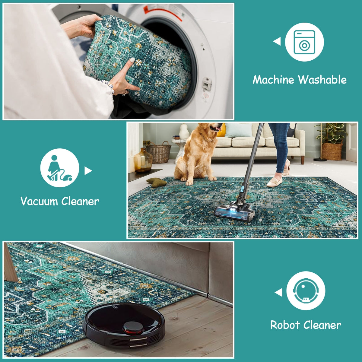 Helene Washable Ultra-Thin Vintage Floral Green Teal Rug Area Rugs Lahome
