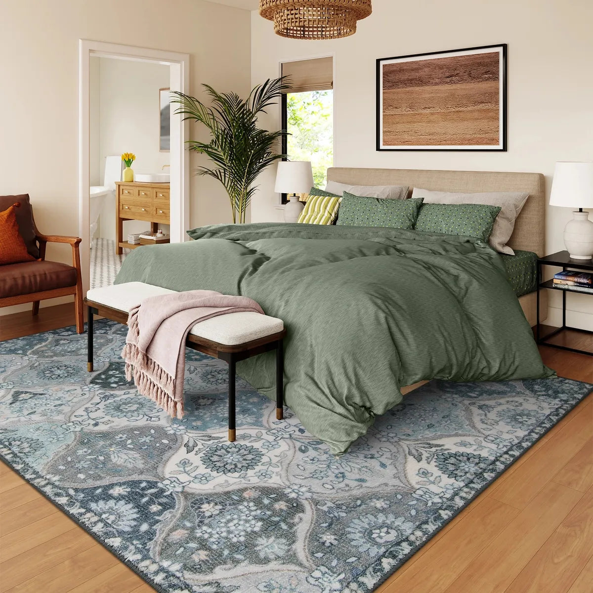 Elise Washable Ultra-thin Vintage Floral Moroccan Trellis Blue Rug Area Rugs Lahome 5' x 7'