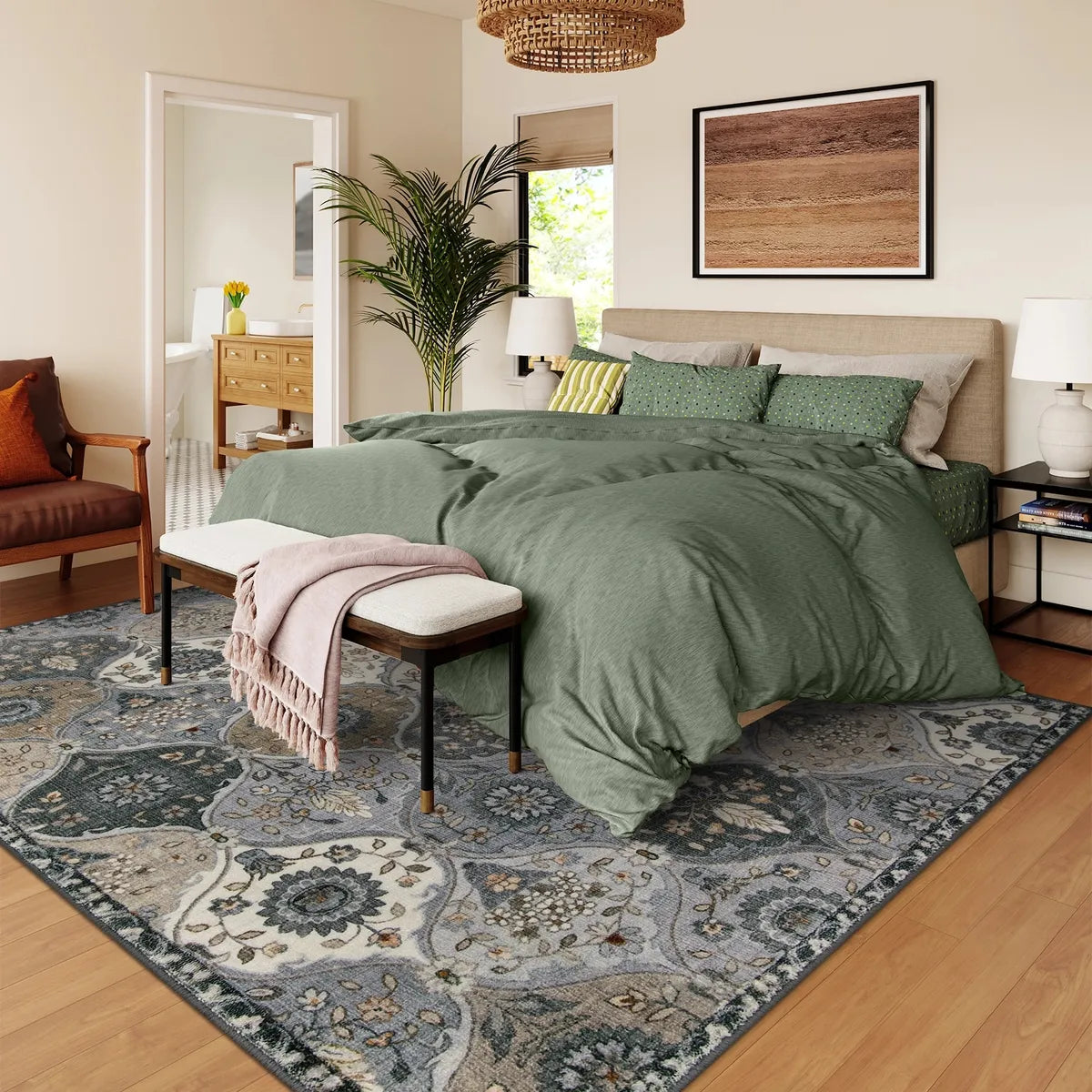 Washable Grey Floral Moroccan Trellis Rug | Elise Vintage Style - Lahome