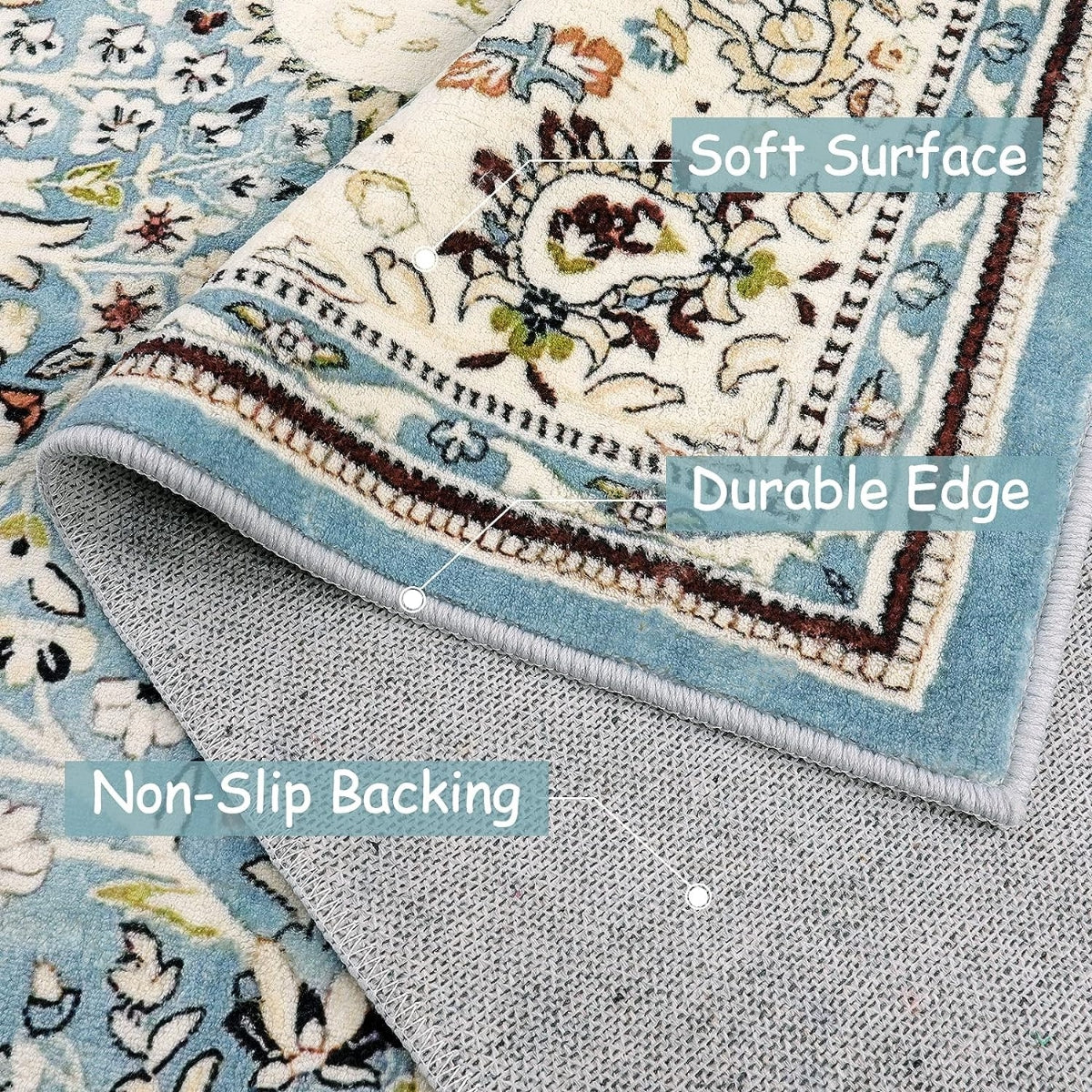 Agnes Washable Boho Floral Medallion Light Blue Rug Clearance Rugs Lahome