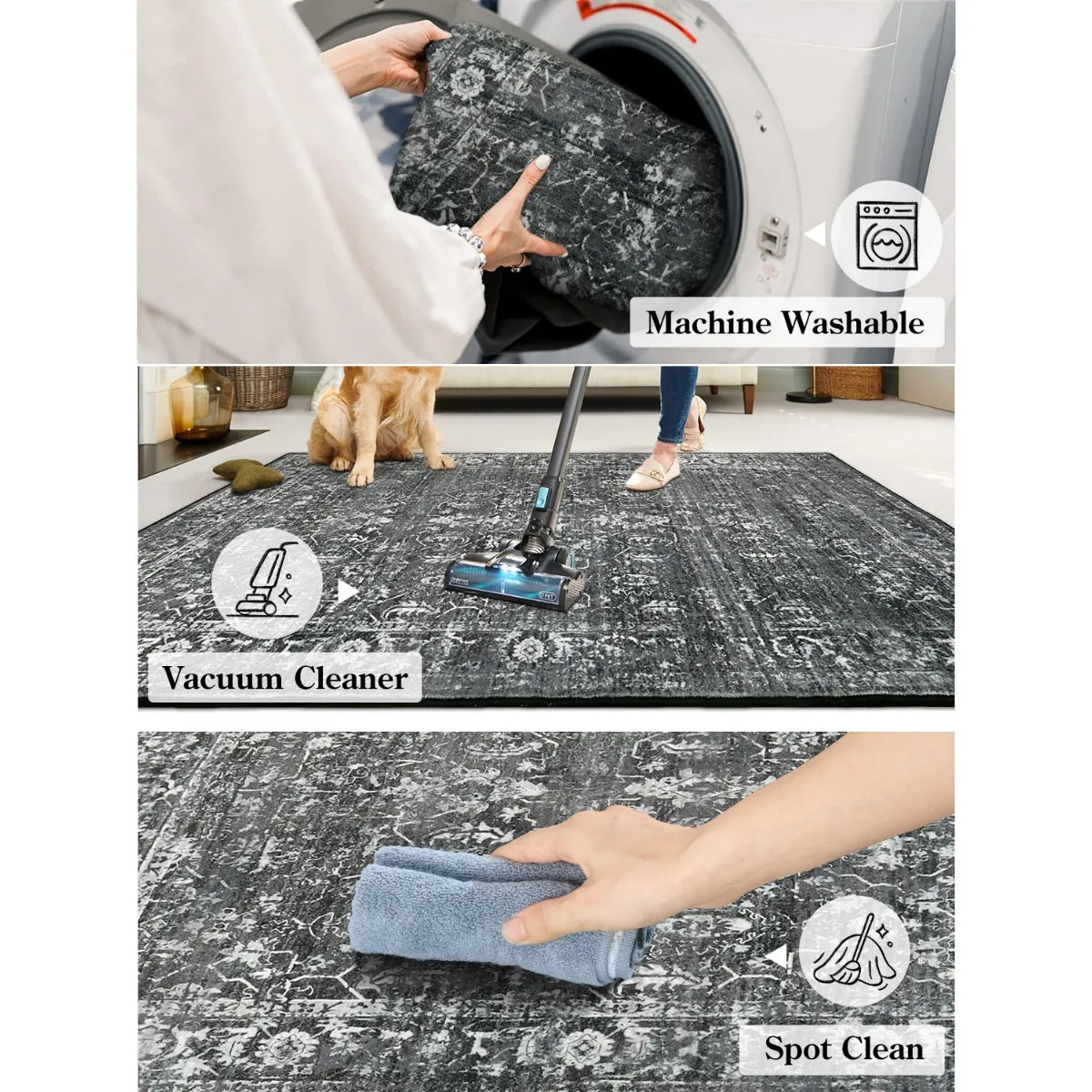 Margot Washable Vintage Distressed Black/Grey Rug Area Rugs Lahome