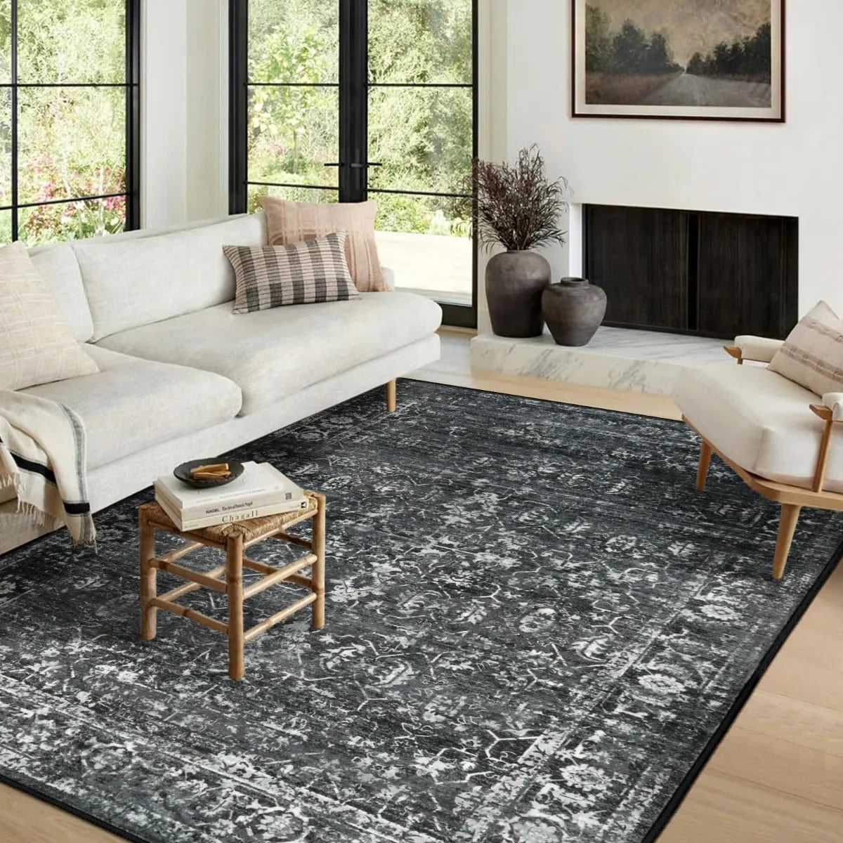 Margot Washable Vintage Distressed Black/Grey Rug Area Rugs Lahome 5' x 7'