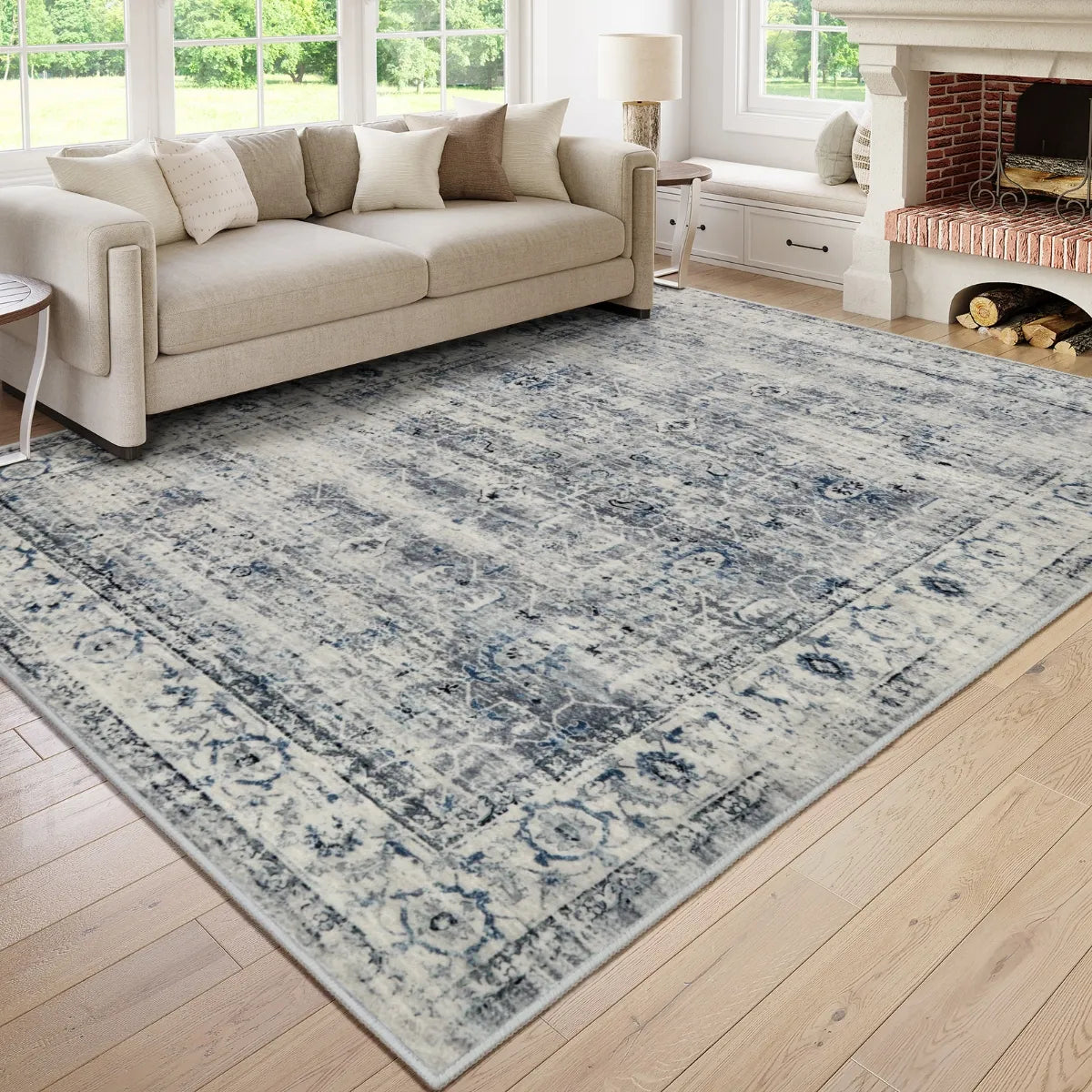 Margot Washable Vintage Distressed Grey/Blue Rug Clearance Rugs Lahome 6' x 9'