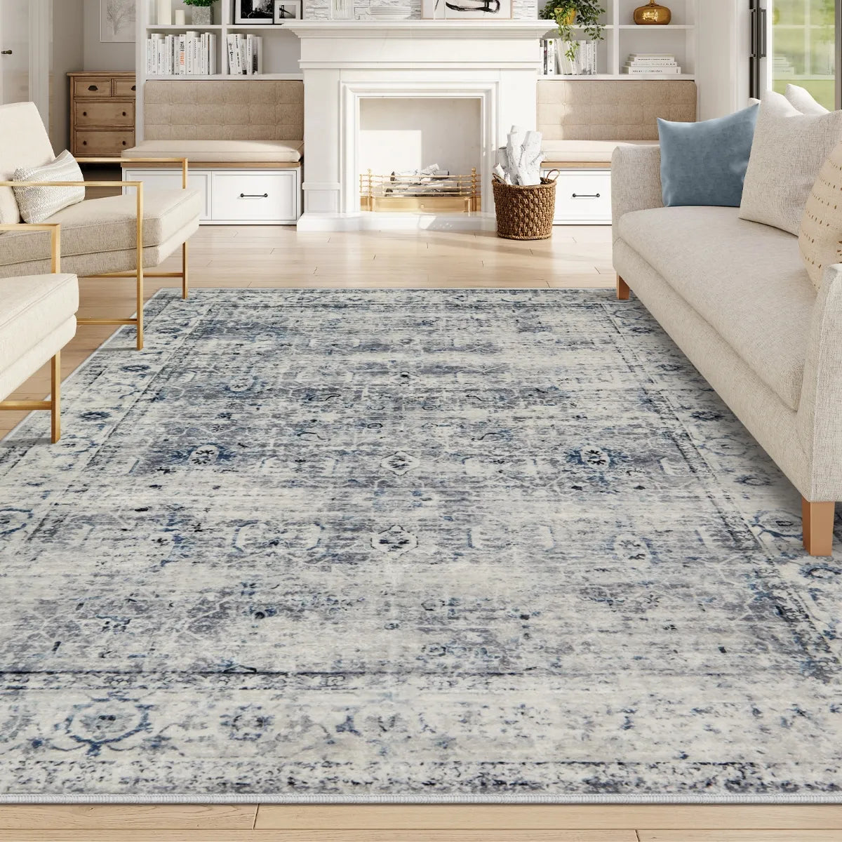 Lahome Washable Vintage Distressed Grey/Blue Clearance Rug for living room