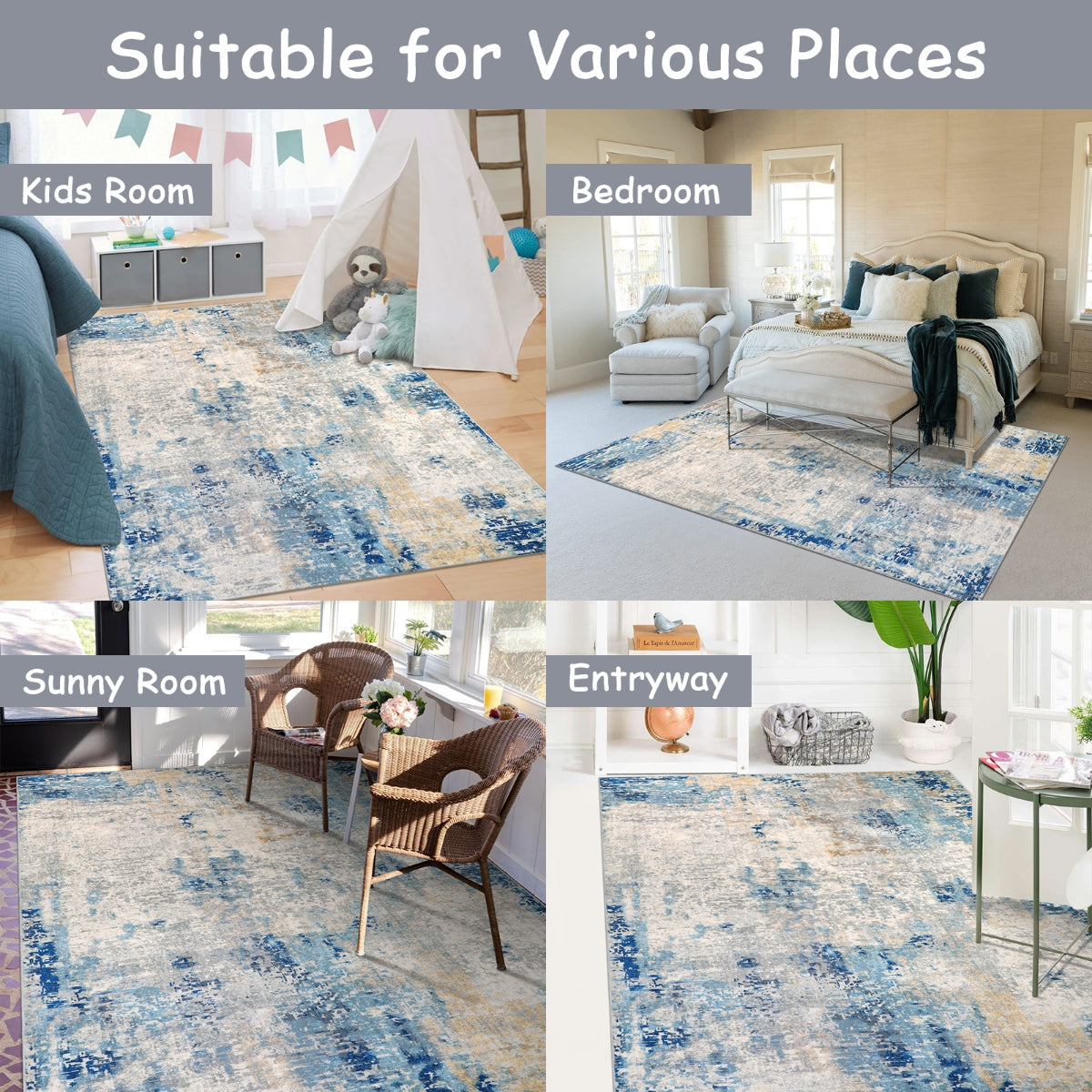 Etoile Washable Modern Abstract Blue/Yellow/Ivory Rug Area Rugs Lahome