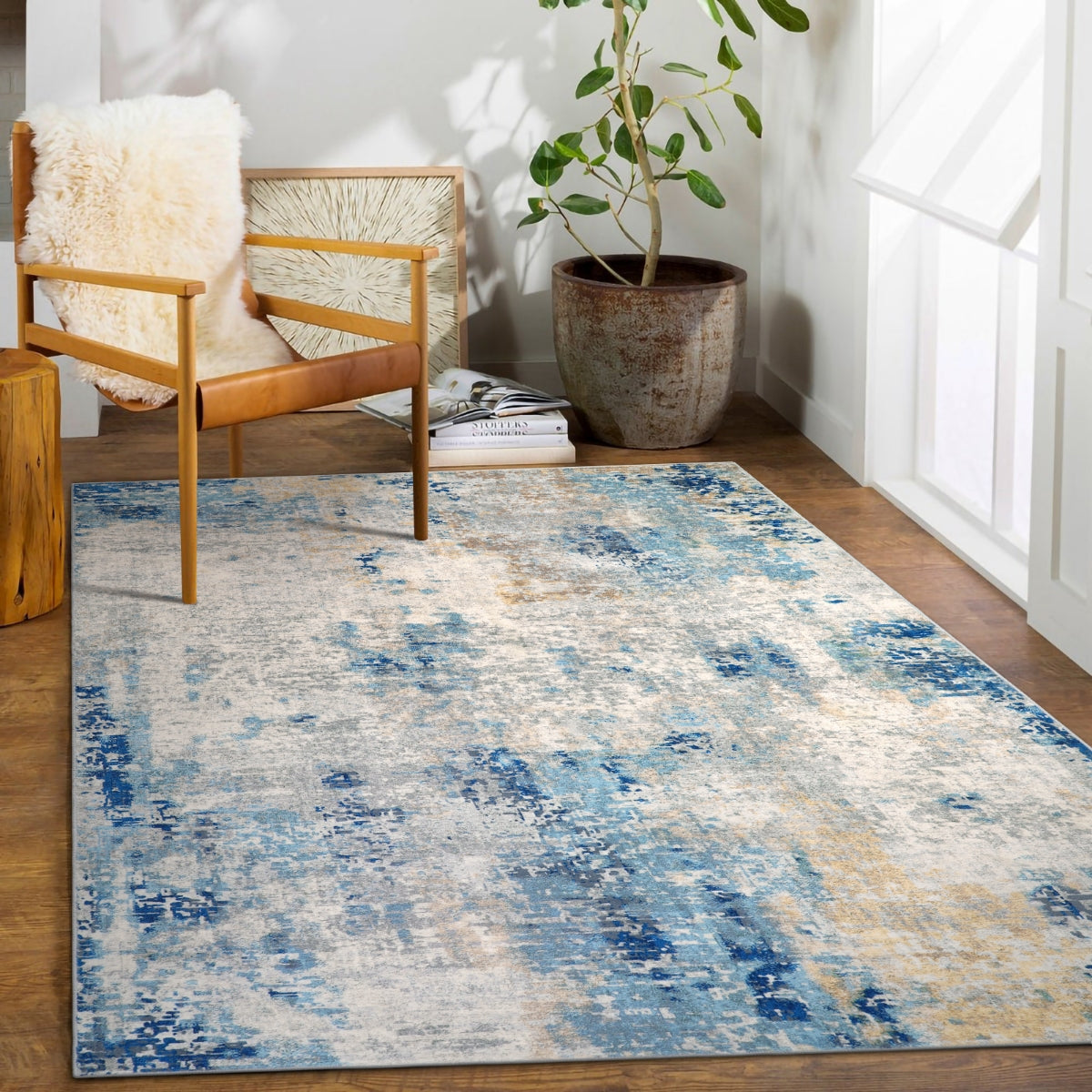 Etoile Washable Modern Abstract Blue/Yellow/Ivory Rug Area Rugs Lahome