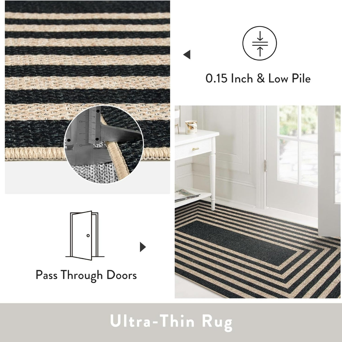 Liana Washable Modern Geometric Neutral Bordered Easy-Jute Black Indoor/Outdoor Rug Easy Jute Area Rug Lahome
