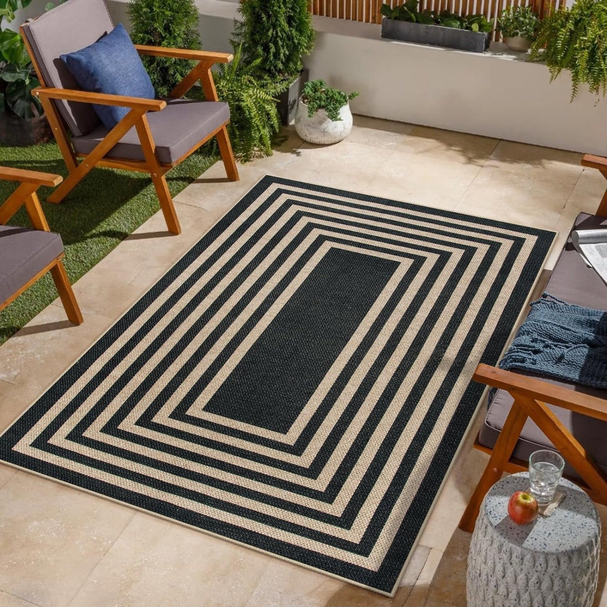 Liana Washable Modern Geometric Neutral Bordered Easy-Jute Black Indoor/Outdoor Rug Easy Jute Area Rug Lahome
