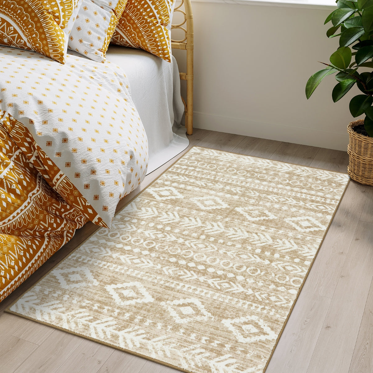 Varena Washable Modern Rustic Farmhouse Moroccan Tribal Tan/White Rug Area Rugs Lahome