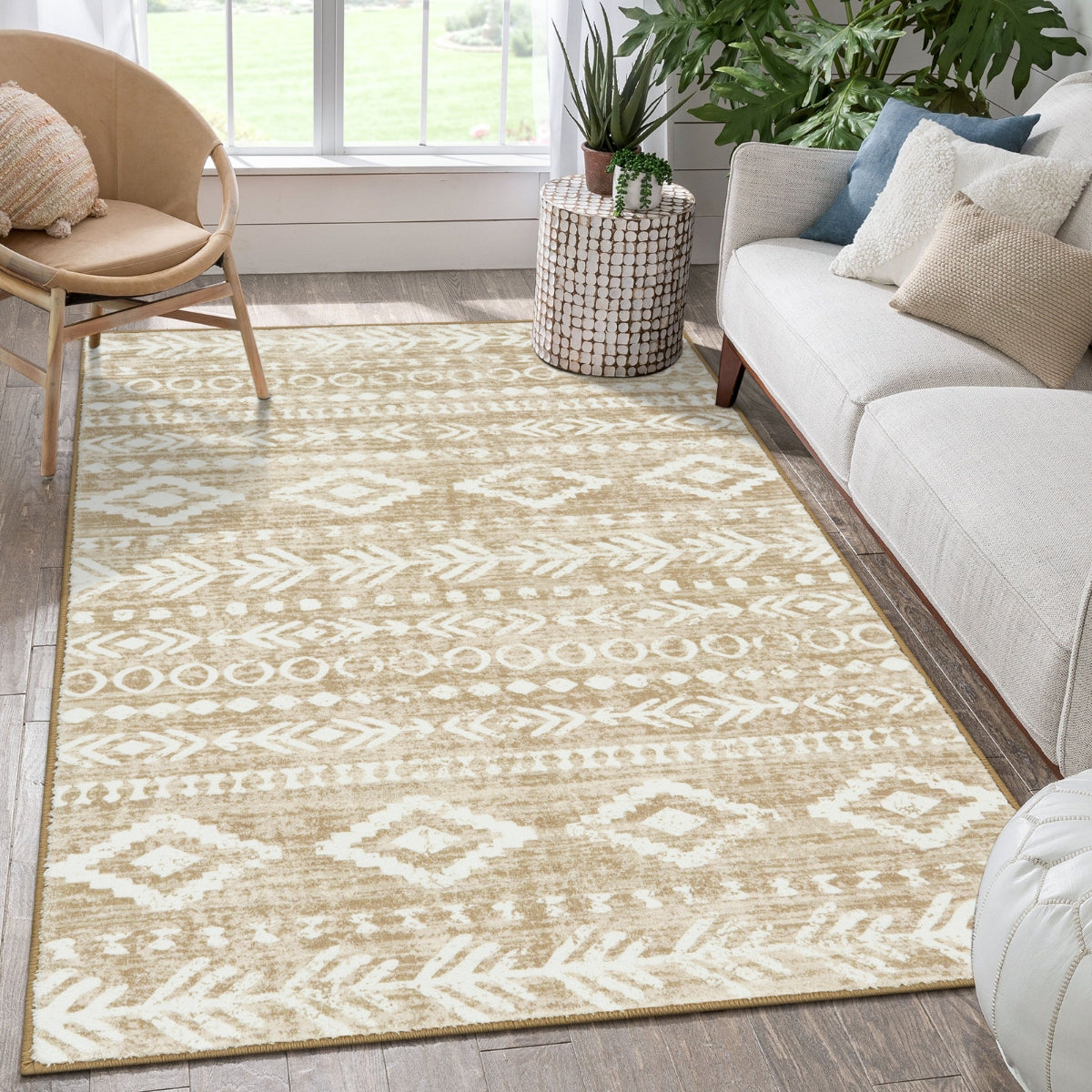 Varena Washable Modern Rustic Farmhouse Moroccan Tribal Tan/White Rug Area Rugs Lahome 5' x 7'