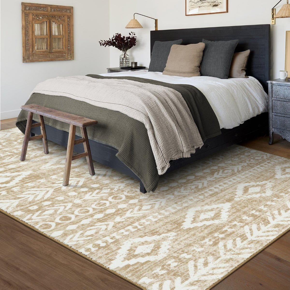 Varena Washable Modern Rustic Farmhouse Moroccan Tribal Tan/White Rug Area Rugs Lahome