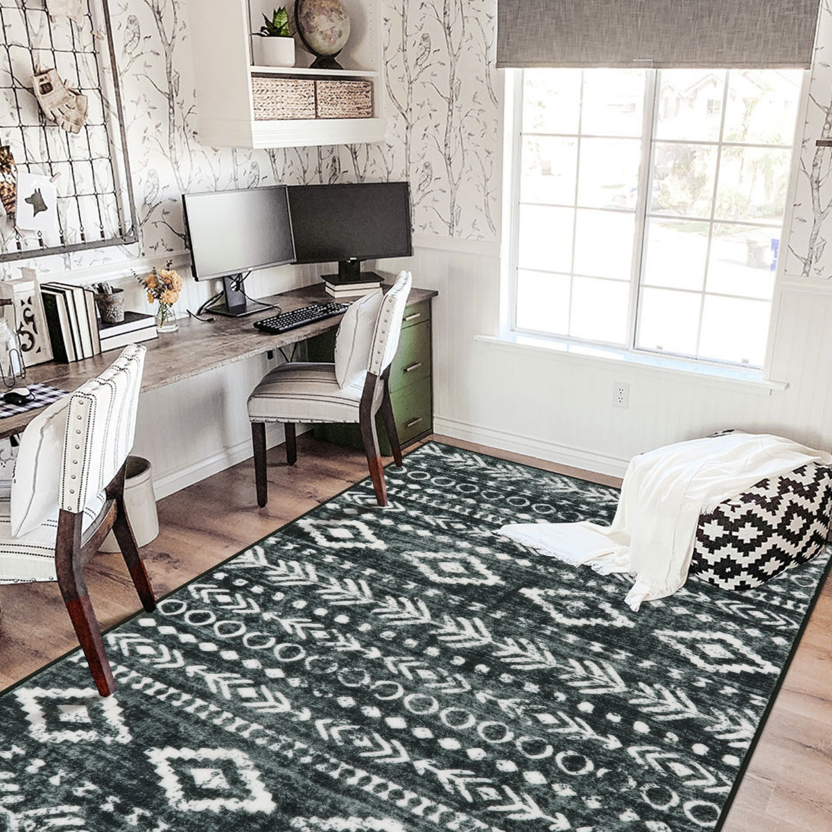 Varena Washable Modern Rustic Farmhouse Moroccan Tribal Black/White Rug Area Rugs Lahome 5' x 7'