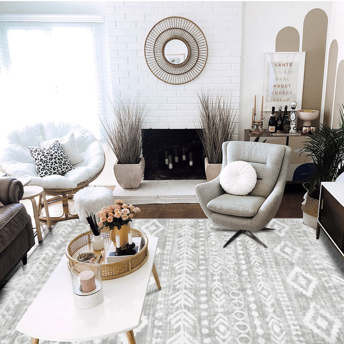 Varena Washable Modern Rustic Farmhouse Moroccan Tribal Grey/White Rug Area Rugs Lahome 5' x 7'