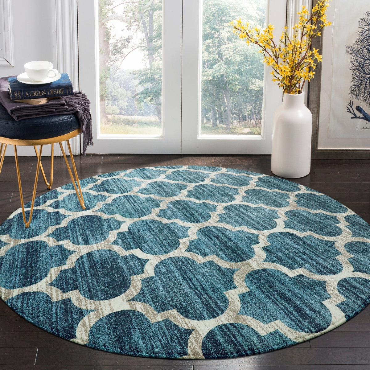 Meline Washable Classic Moroccan Trellis Fathom Blue Rug Clearance Rugs Lahome 4' Round