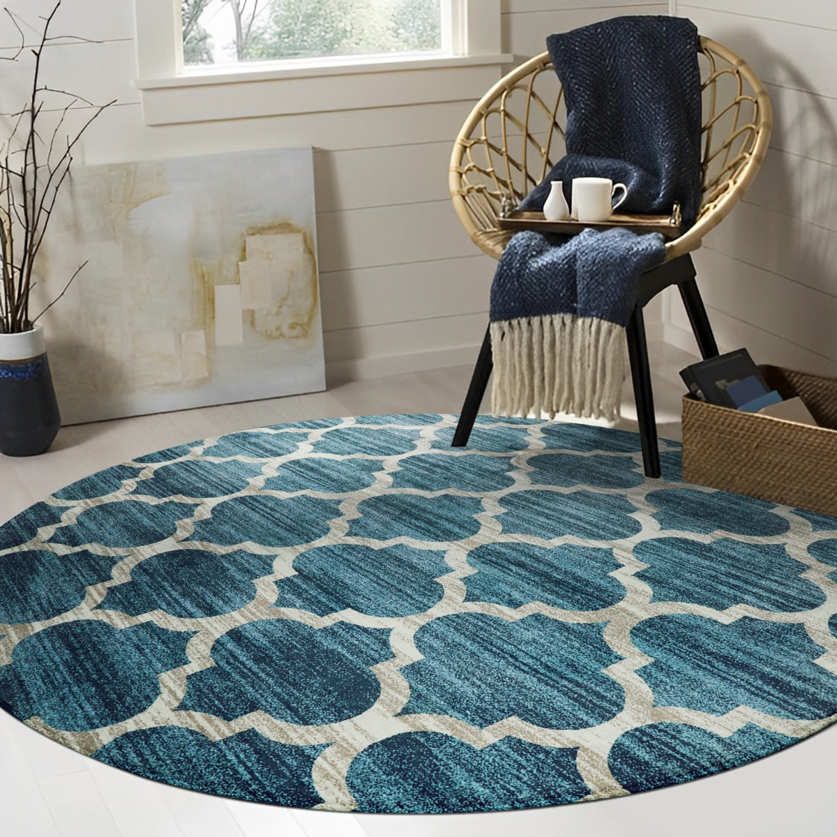 Meline Washable Classic Moroccan Trellis Fathom Blue Rug Clearance Rugs Lahome 6' Round