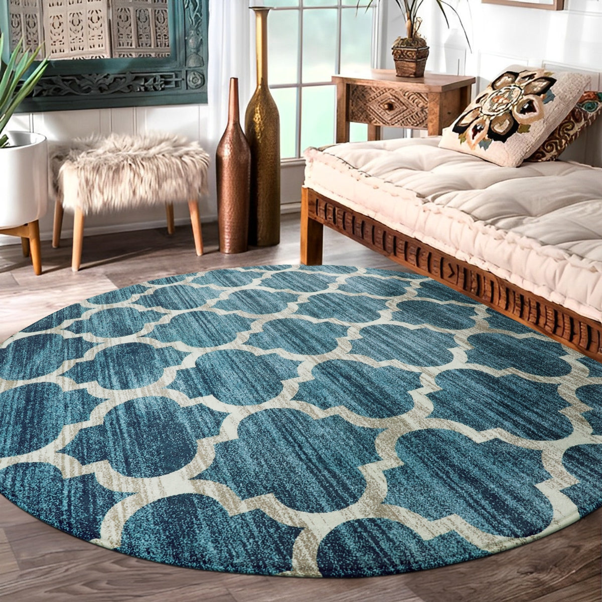 Meline Washable Classic Moroccan Trellis Fathom Blue Rug Clearance Rugs Lahome 5'3" Round