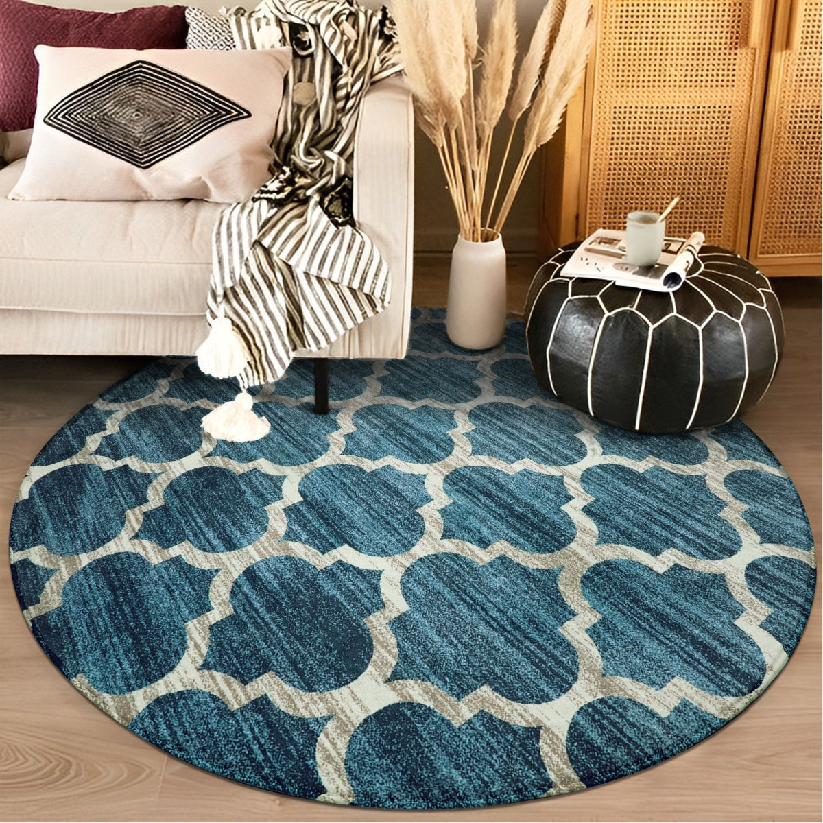 Meline Washable Classic Moroccan Trellis Fathom Blue Rug Clearance Rugs Lahome 3' Round