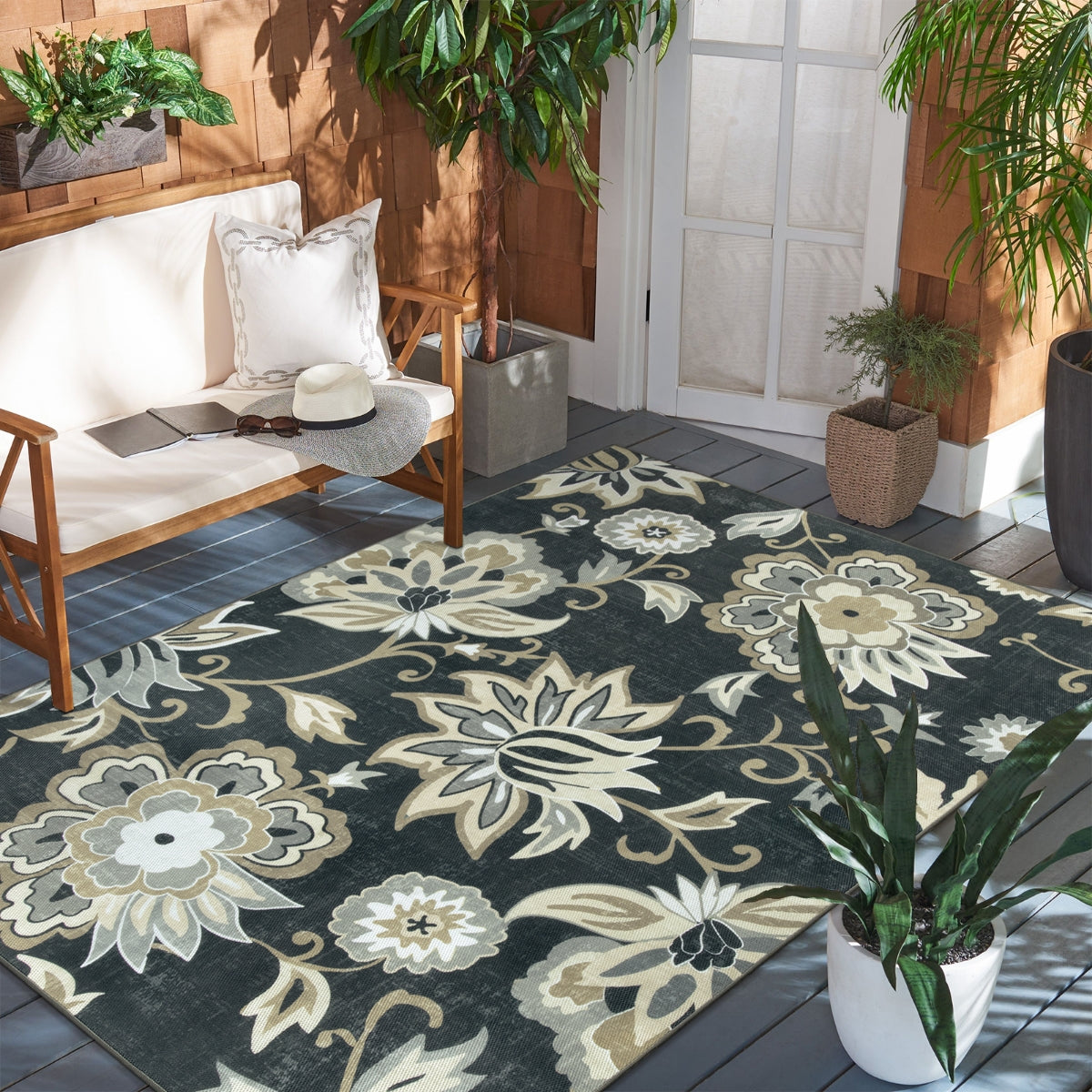 Soleil Washable Floral Black Indoor Outdoor Rug Outdoor Rugs Lahome