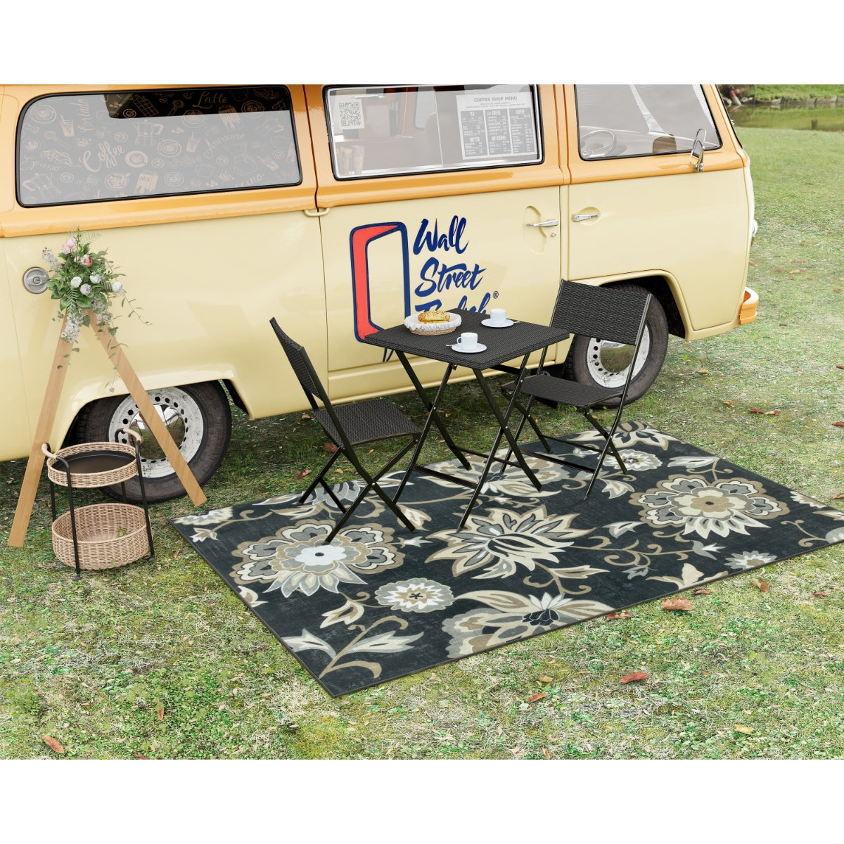 Soleil Washable Floral Black Indoor Outdoor Rug Outdoor Rugs Lahome 5' x 8'