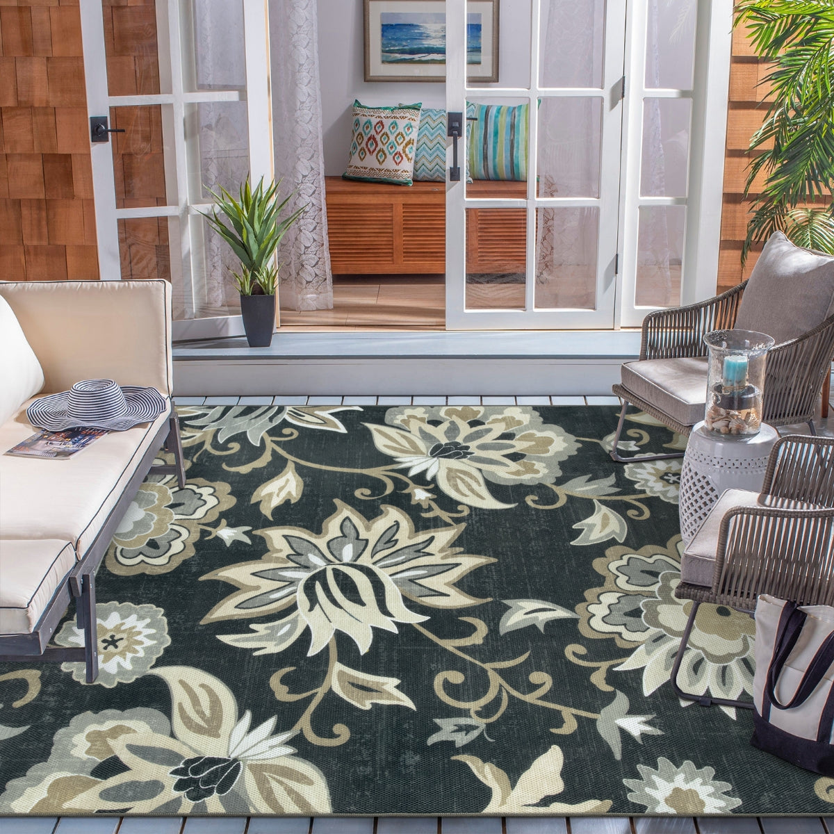 Soleil Washable Floral Black Indoor Outdoor Rug Outdoor Rugs Lahome 6' x 9'