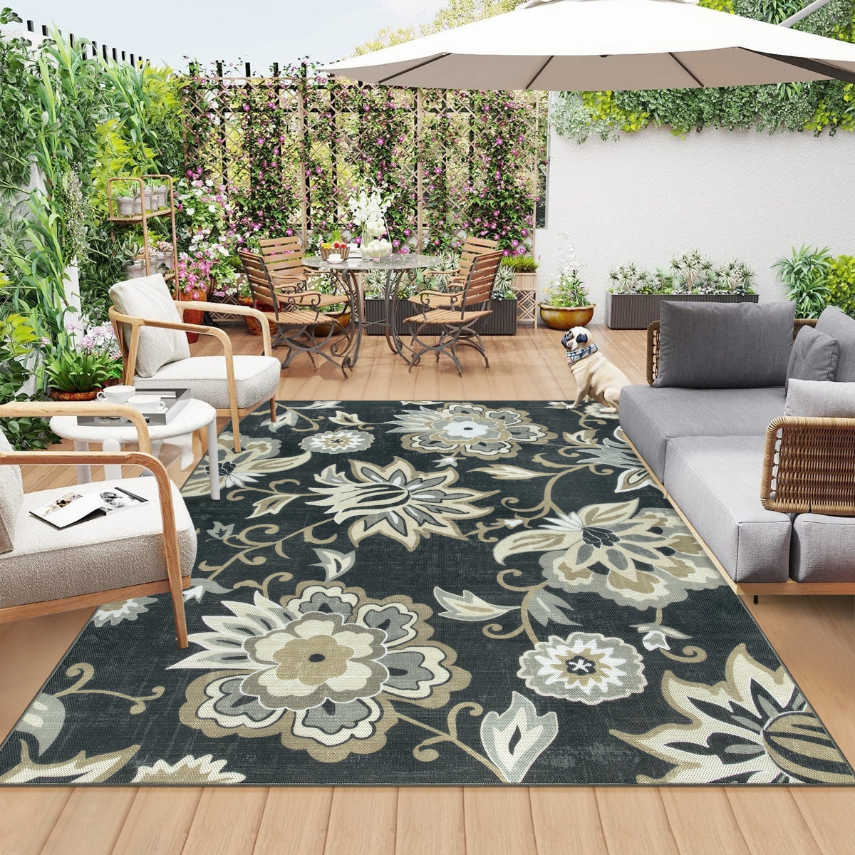 Soleil Washable Floral Black Indoor Outdoor Rug Outdoor Rugs Lahome