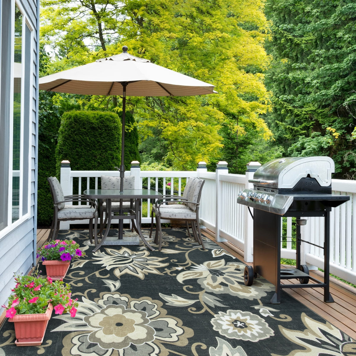 Soleil Washable Floral Black Indoor Outdoor Rug Outdoor Rugs Lahome