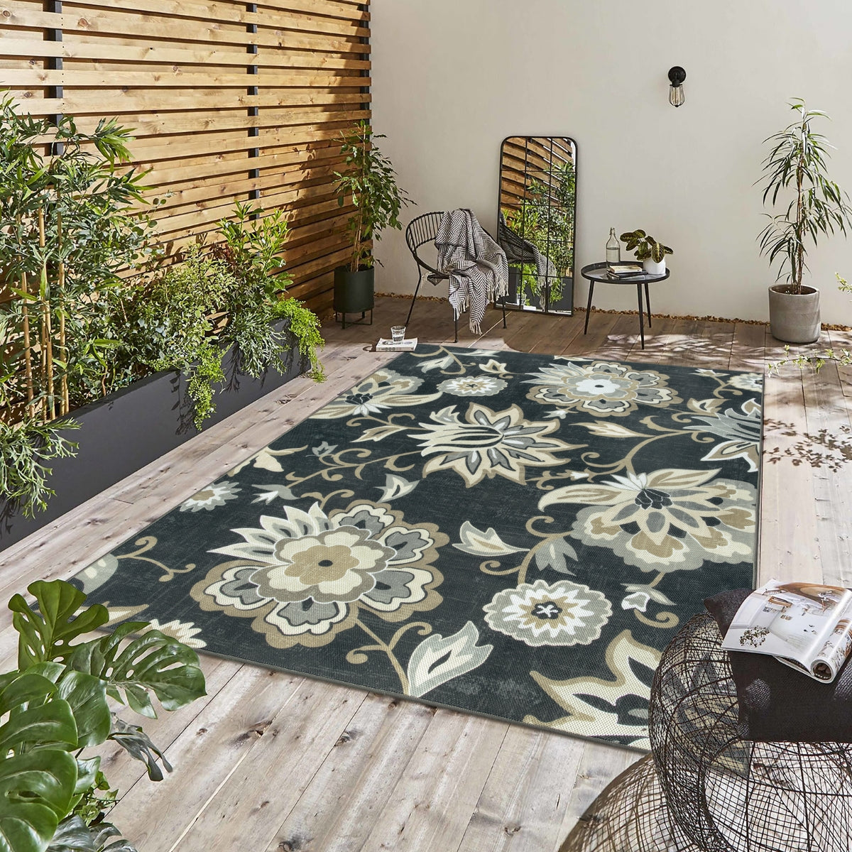 Soleil Washable Floral Black Indoor Outdoor Rug Outdoor Rugs Lahome 8' x 10'