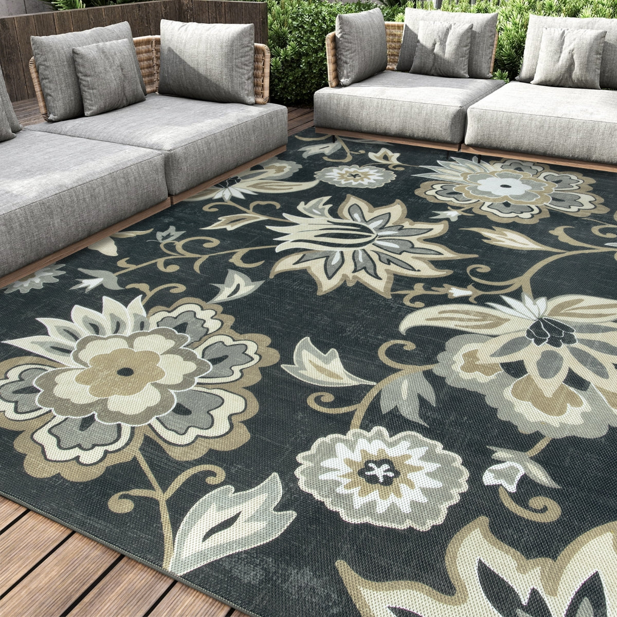 Soleil Washable Floral Black Indoor Outdoor Rug Outdoor Rugs Lahome