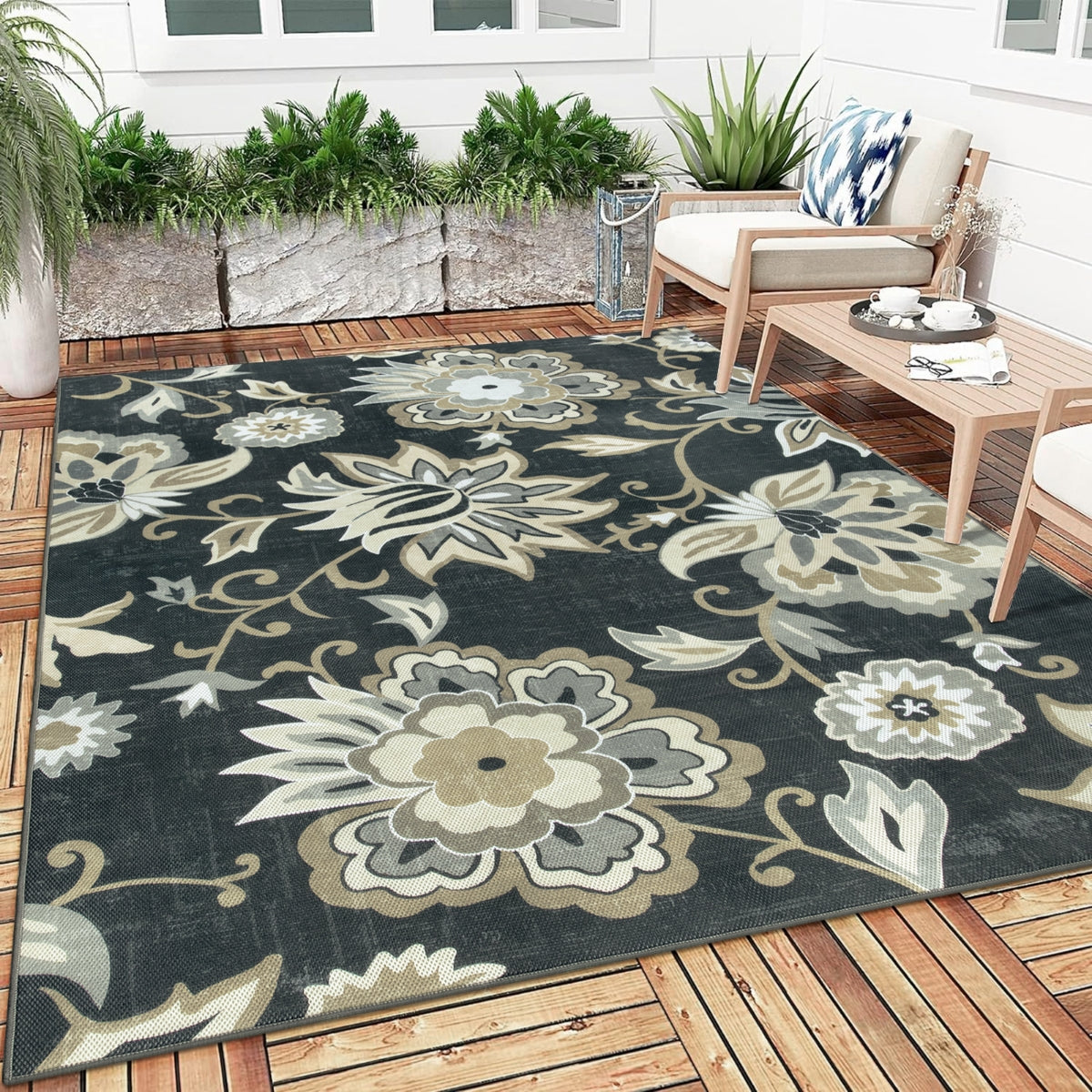 Soleil Washable Floral Black Indoor Outdoor Rug Outdoor Rugs Lahome