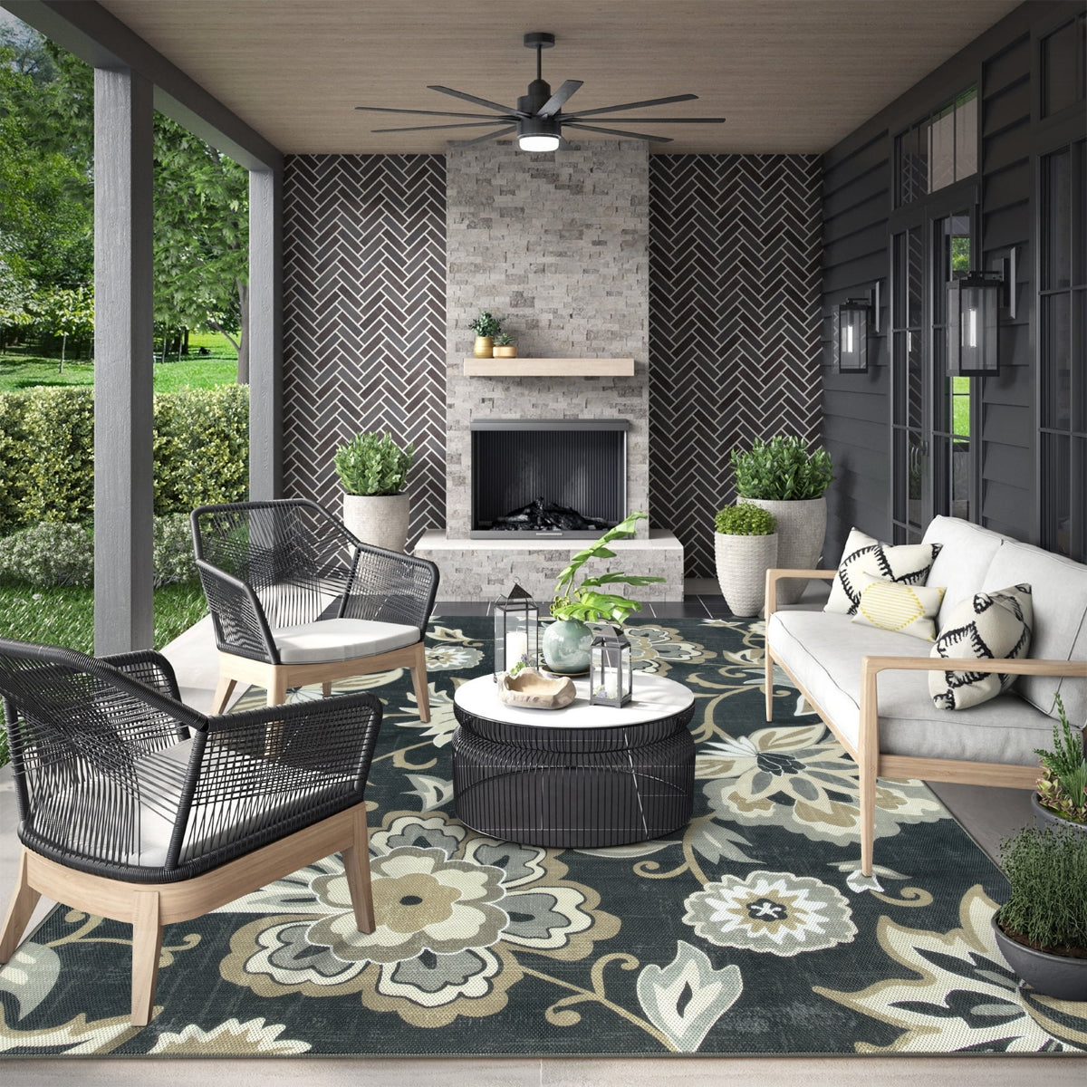 Soleil Washable Floral Black Indoor Outdoor Rug Outdoor Rugs Lahome