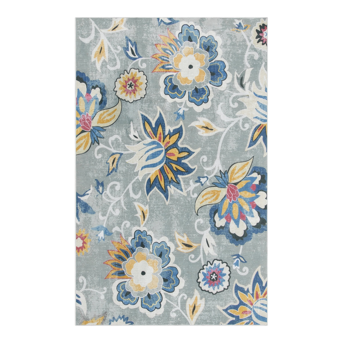 Soleil Washable Floral Blue/Grey Indoor Outdoor Rug Outdoor Rugs Lahome