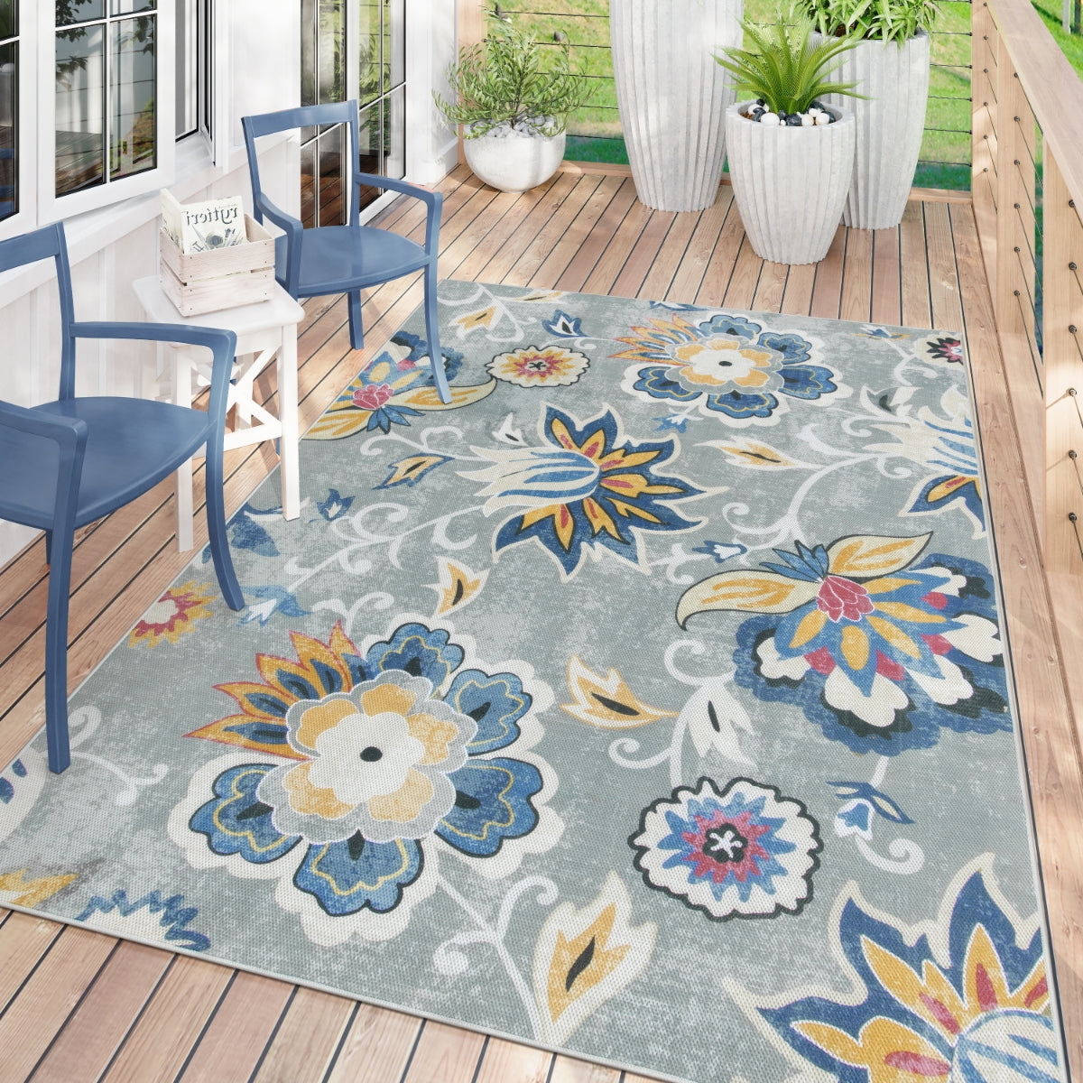 Soleil Washable Floral Blue/Grey Indoor Outdoor Rug Outdoor Rugs Lahome 5' x 8'